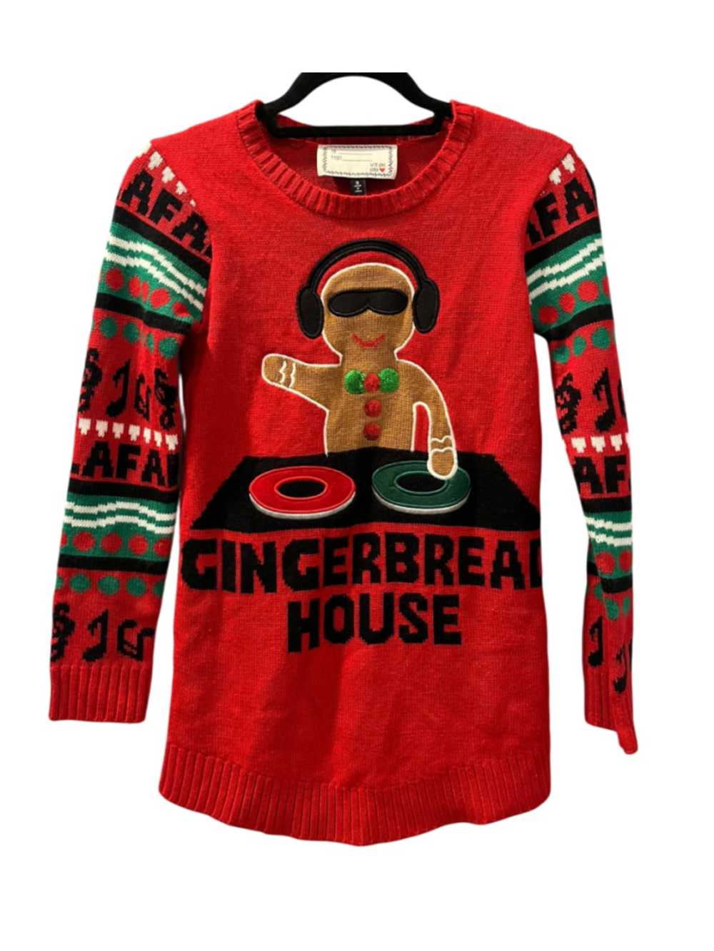 Derek Heart DJ Gingerbread House Music Ugly Christmas Sweater Red Small Womens